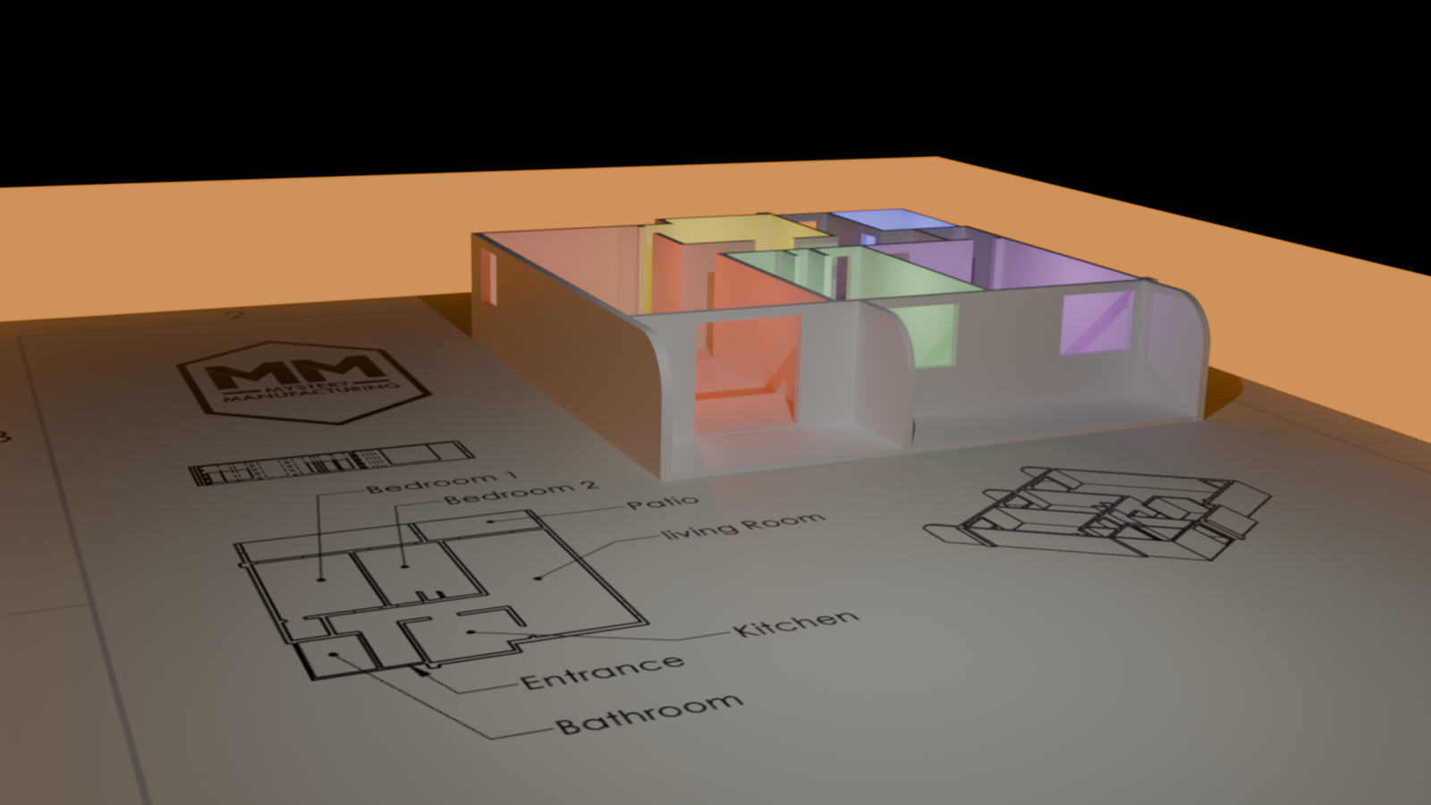 3D apartment model with colored rooms rendered over its floor plan