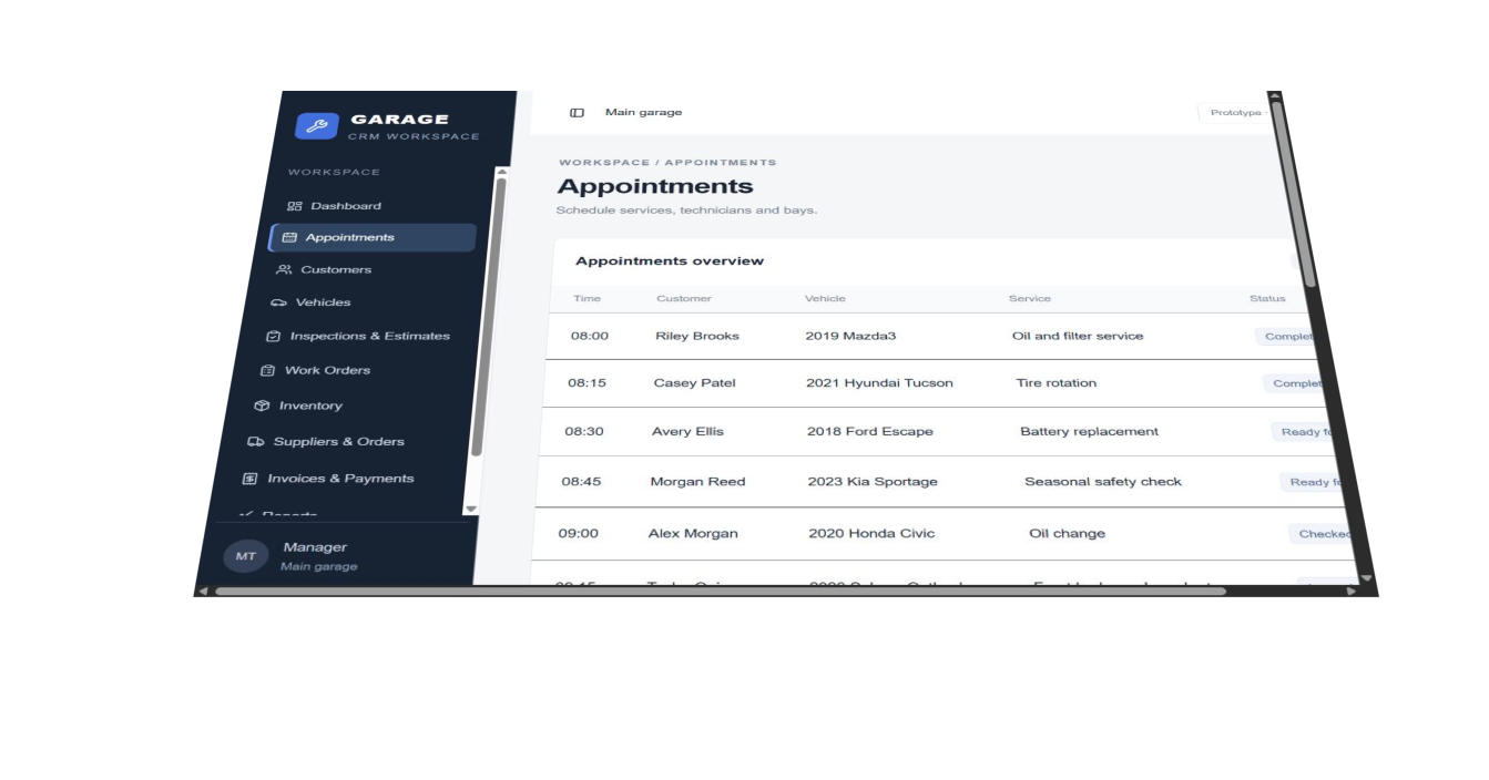 MISI Garages appointments screen, using sample data