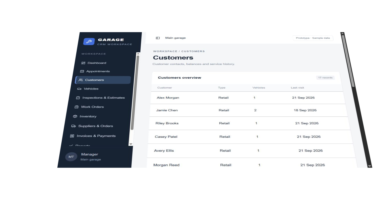 MISI Garages customers screen, using sample data