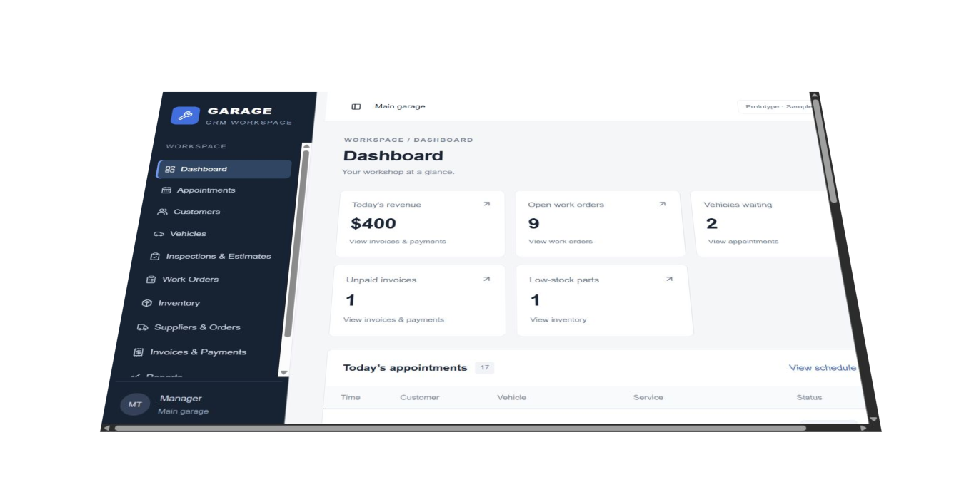 MISI Garages dashboard screen, using sample data