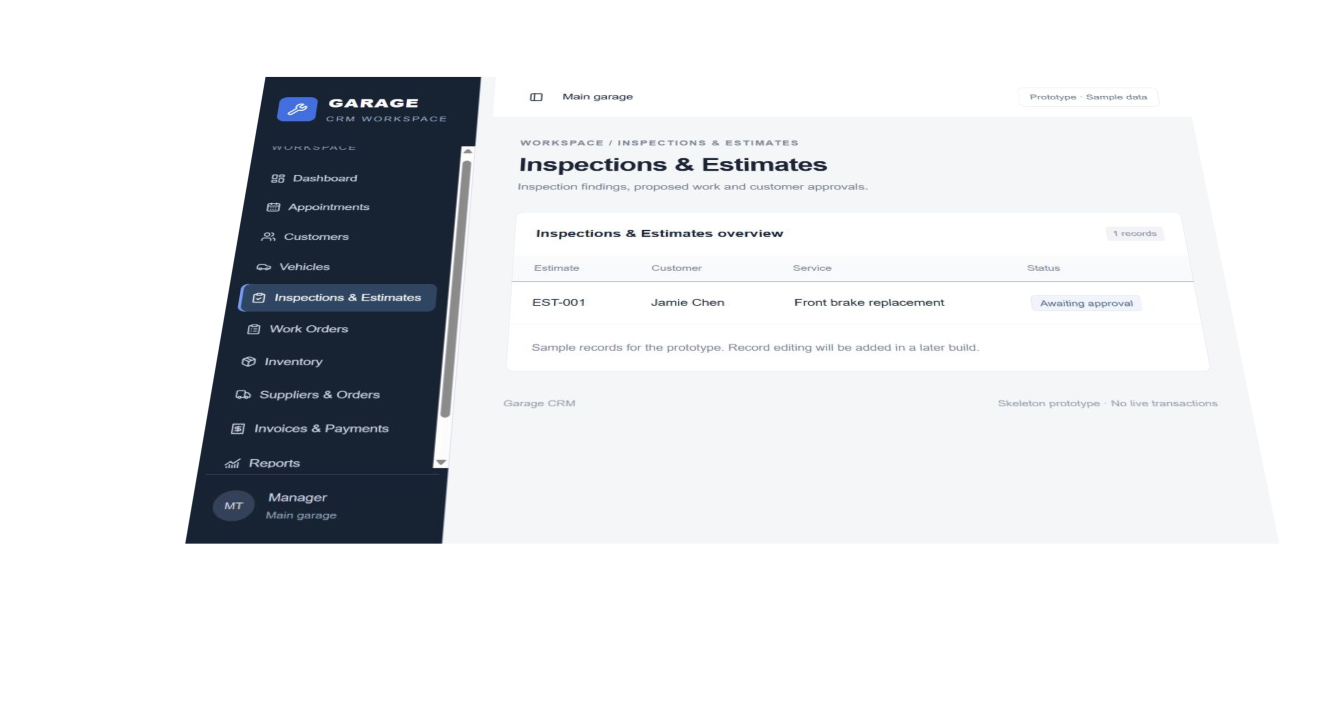 MISI Garages estimates screen, using sample data