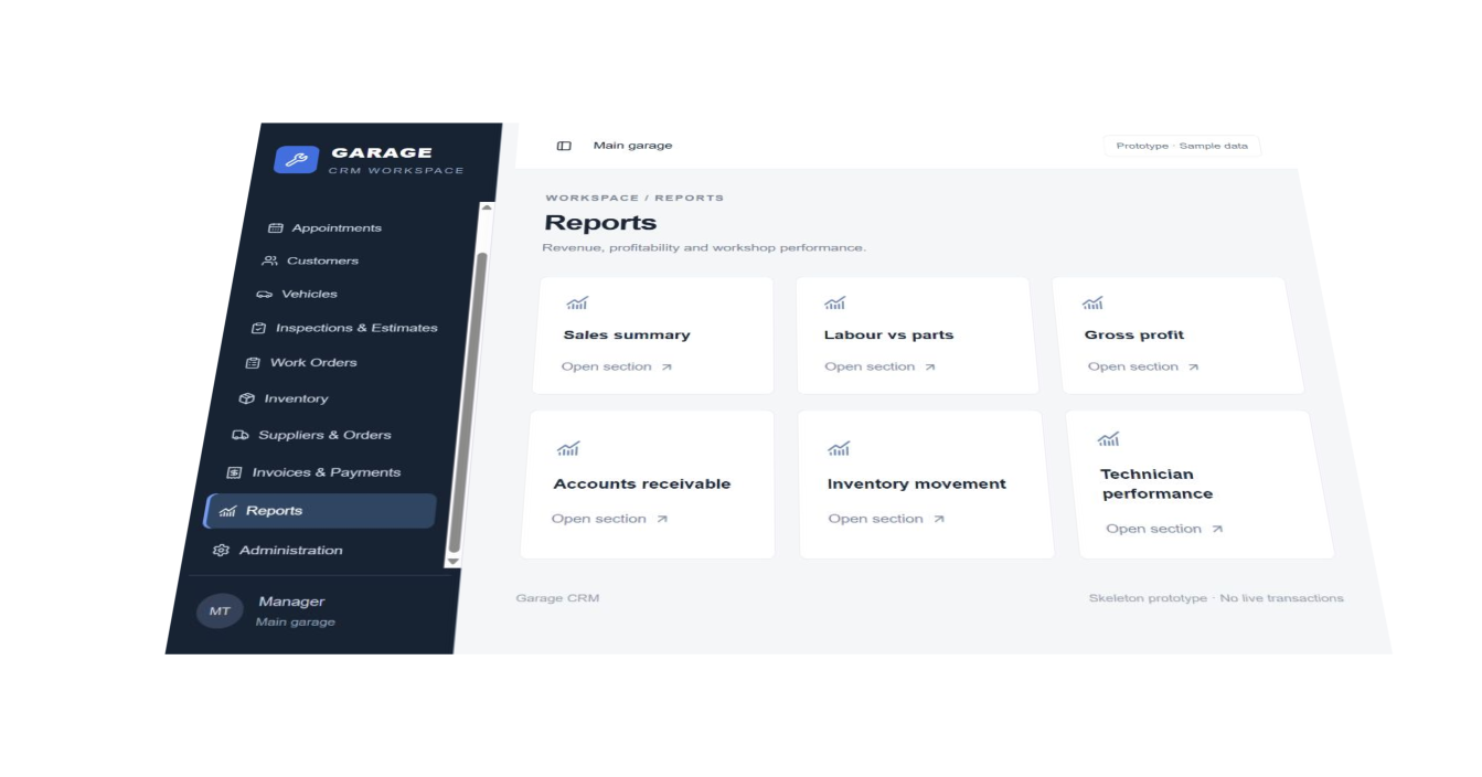 MISI Garages reports screen, using sample data