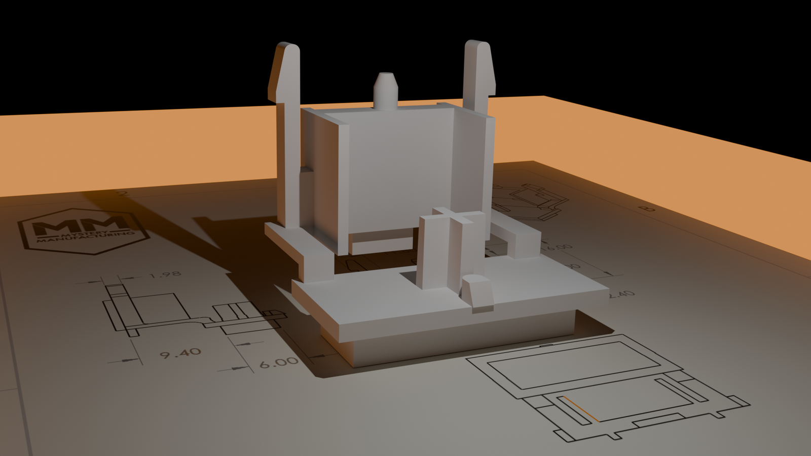 Custom button prototype rendered over its technical drawing