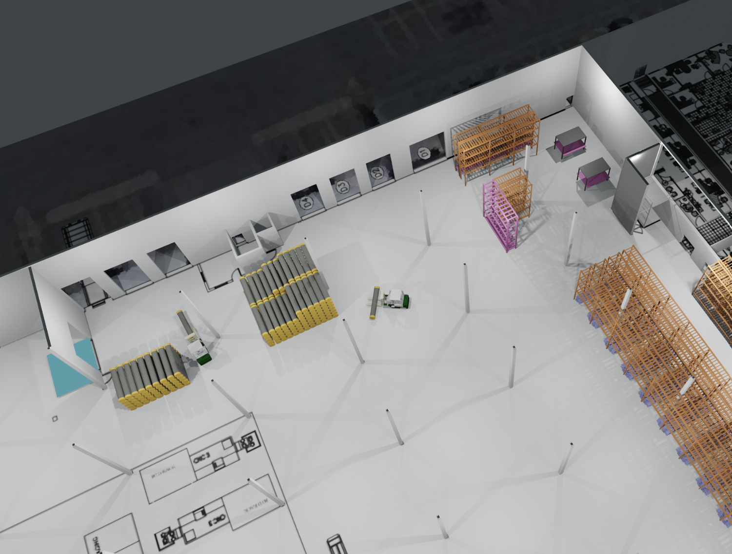 Mystery Manufacturing 3D warehouse model with equipment, storage racks, and a detailed floor layout